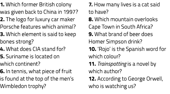 1. Which former British colony was given back to China in 1997? 2. The logo for luxury car maker Porsche features whi...