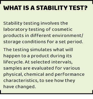 What is a stability test?,Stability testing involves the laboratory testing of cosmetic products in different environ...