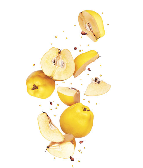 Whole and sliced apple quince in the air on a white background