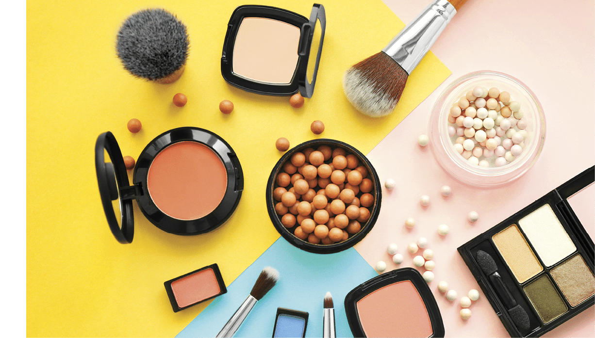 Set of decorative cosmetics on color background