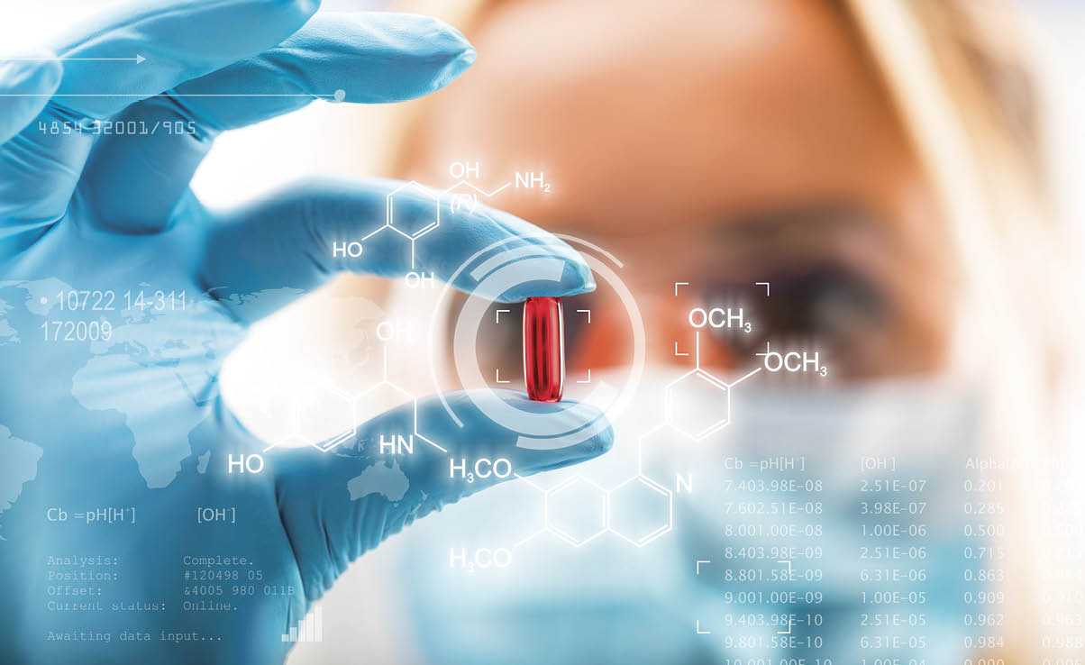 Young attractive female scientist holding a red transparent pill with futuristic scientific air interface with chemical formulas and research data in the foreground