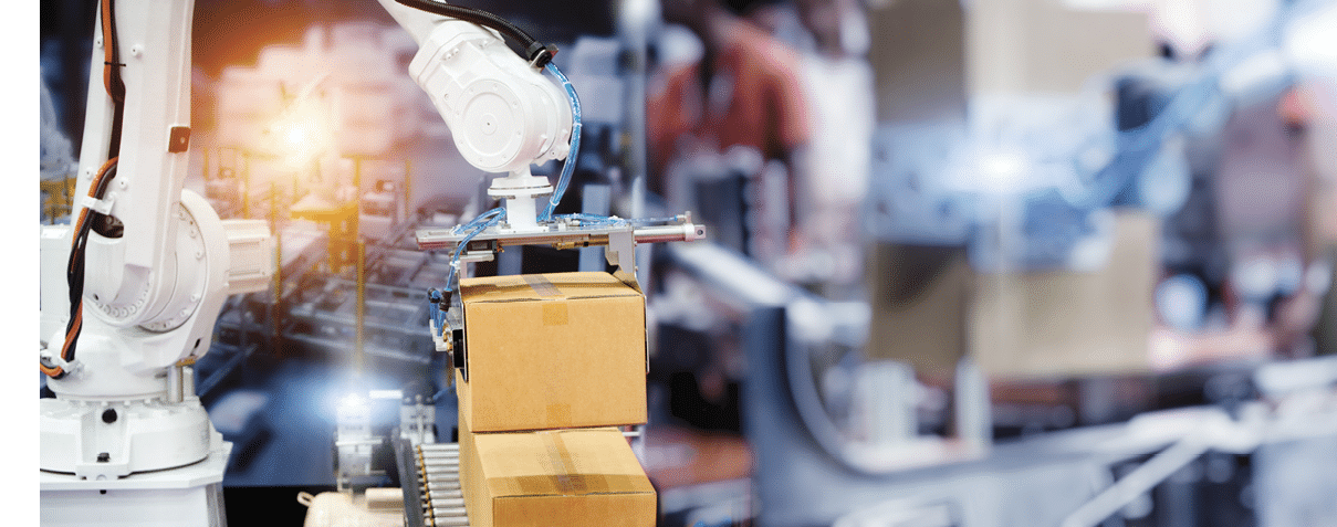 Industrial Robot arm control holding package box. Banner background for operating of robot machine in the warehouse logistics, Robots manage manufacturing and logistics.