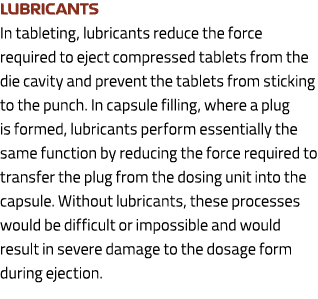 Lubricants In tableting, lubricants reduce the force required to eject compressed tablets from the die cavity and pre   