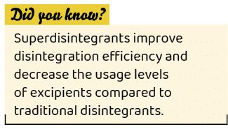 ,Superdisintegrants improve disintegration efficiency and decrease the usage levels of excipients compared to traditi   