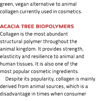 green, vegan alternative to animal collagen currently used in cosmetics. Acacia tree biopolymers Collagen is the most...