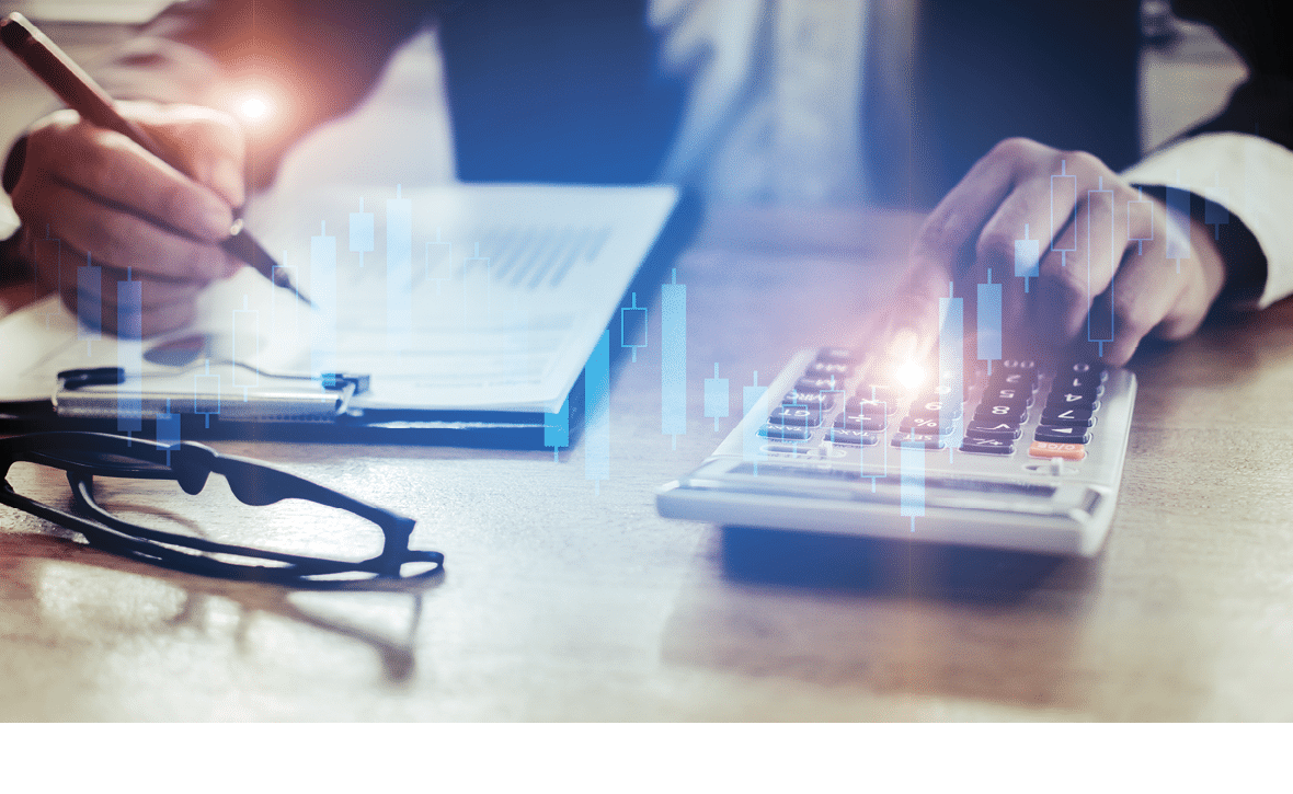 investor or business man analysis on financial reports and using calculator with graphic candle stick graph chart of stock market investment trading for Forex trading, business working concept
