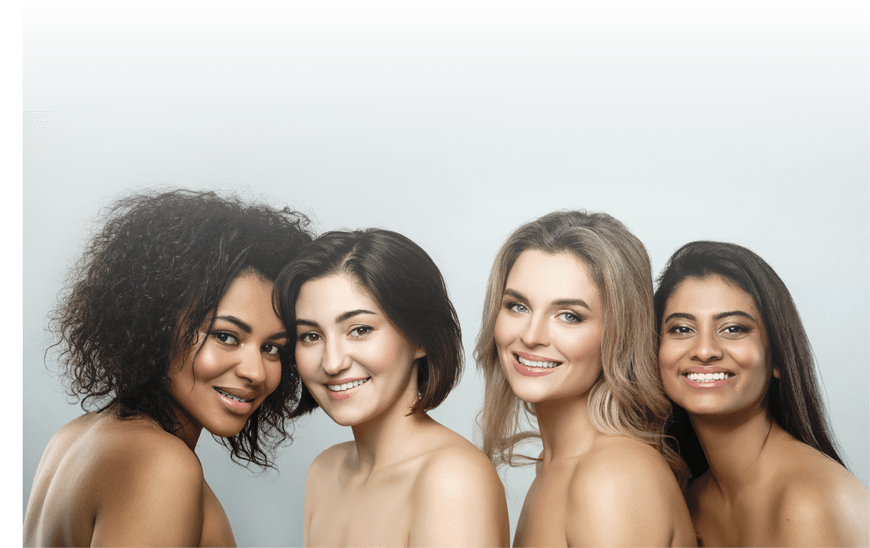 Multi-ethnic beauty and friendship. Group of beautiful different ethnicity women on gray background
