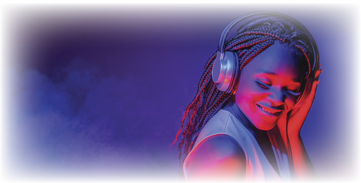 Stylish fashion african american teenager model wearing headphones listening dj music dancing in purple neon lights. Young teen girl enjoy cool music