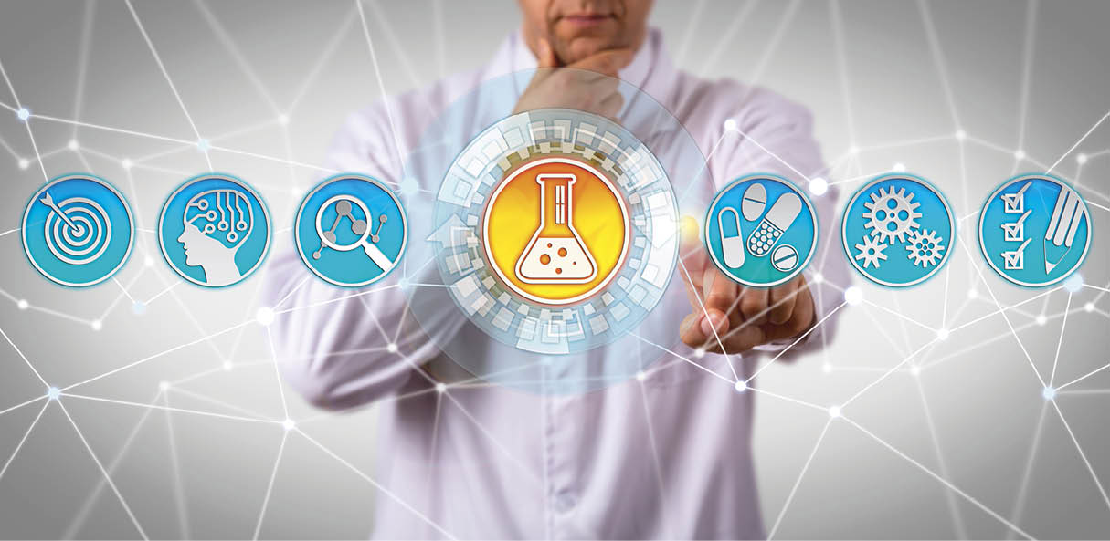 Pensive doctor of chemical engineering aided by AI pondering how to identify a substance with desirable therapeutic effect. Concept for drug discovery, formulation and development, biological target.
