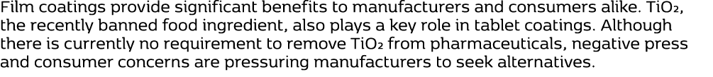 Film coatings provide significant benefits to manufacturers and consumers alike. TiO2, the recently banned food ingre...