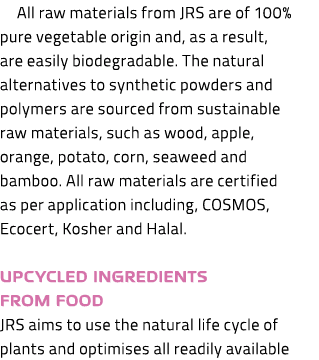 All raw materials from JRS are of 100% pure vegetable origin and, as a result, are easily biodegradable. The natural ...