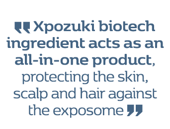 ￼ Xpozuki biotech ingredient acts as an all in one product, protecting the skin, scalp and hair against the exposome ￼