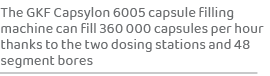 The GKF Capsylon 6005 capsule filling machine can fill 360 000 capsules per hour thanks to the two dosing stations an...
