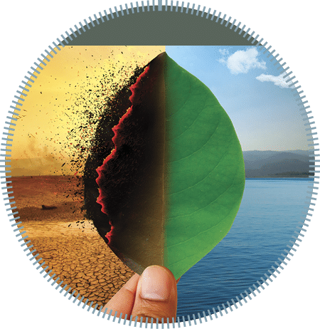 Climate change and Global warming concept. Burning leaf at land of cracked earth metaphor drought and Green leaf with river and beautiful clear sky metaphor Abundance of Nature.