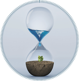 Hourglass with fresh water drop to green plant planting on dry land isolated background, metaphoric of saving water, Drought and Climate change.