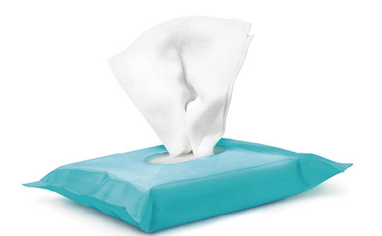 Open blue wet wipes flow pack, isolated on white background
