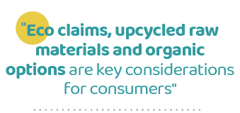 \“Eco claims, upcycled raw materials and organic options are key considerations for consumers