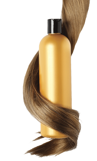 Shampoo bottle wrapped in lock of hair isolated on white, top view. Natural cosmetic products