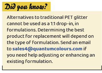 ,Alternatives to traditional PET glitter cannot be used as a 1:1 drop in, in formulations. Determining the best produ...