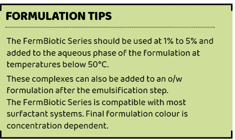,Formulation tips ,The FermBiotic Series should be used at 1% to 5% and added to the aqueous phase of the formulation...