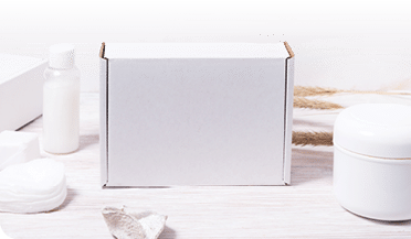 Top view, white cardboard box on wooden desk, mock up