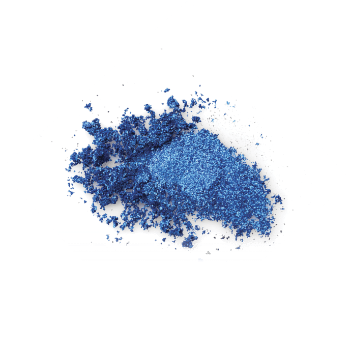 Smear of crushed blue eyeshadow as sample of cosmetics product isolated on white