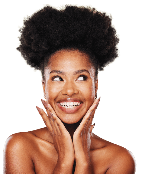 Black woman, afro hair or thinking of exciting ideas on green studio backgroud of healthcare wellness, self love or skincare. Smile, happy or inspired beauty model, natural hair or makeup cosmetics