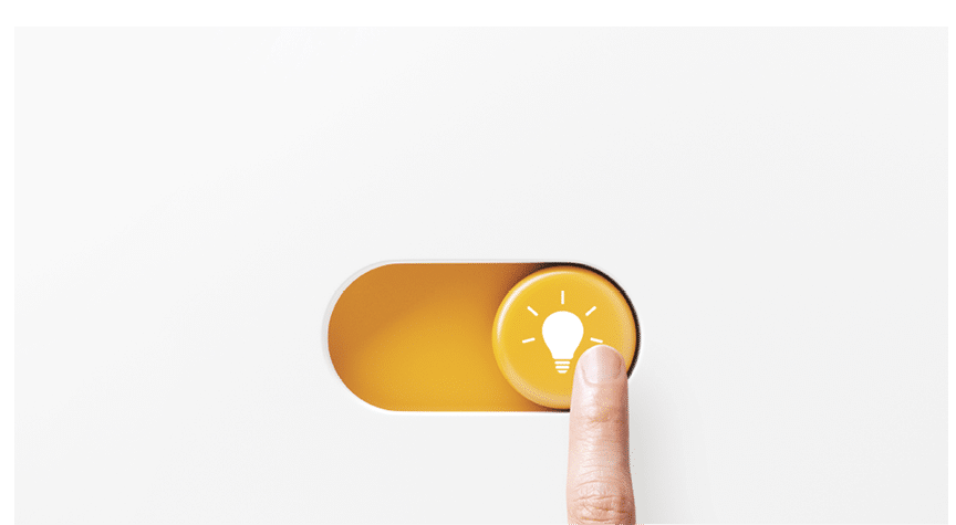 On and off toggle switch buttons with idea light bulb icon, Creative and idea sign, solution, thinking concept. Hand of woman turn on sign of innovation and success, 3D rendering.
