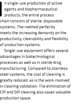 I n single use production of active agents and biopharmaceutical products, the entire process chain consists of steri...