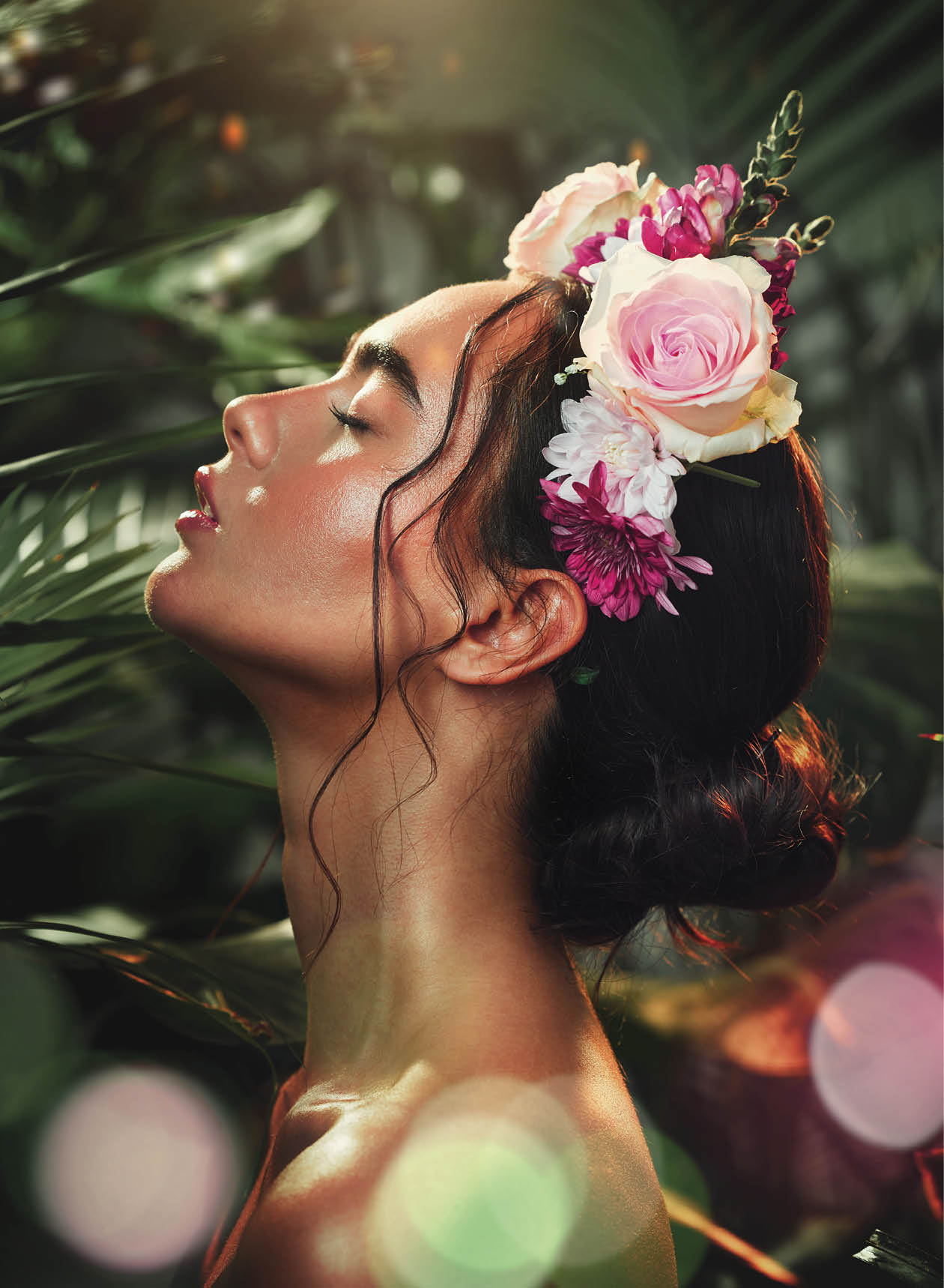 Rainforest, skincare and beauty girl with flower accessory crown for tropical cosmetic with bokeh profile. Natural, jungle and wellness model woman with roses for floral cosmetics advertising.