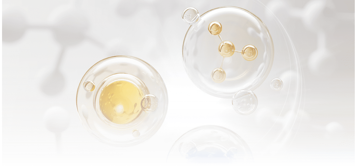 Collagen Serum bubble on Molecule Background, cosmetic oil liquid advertising 3d rendering.
