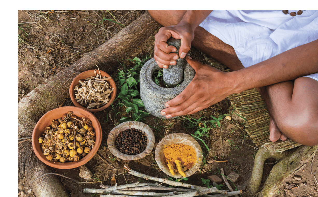 A young man preparing ayurvedic medicine in the traditional manner.