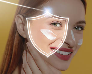 Sun protection care. Beautiful woman with sunscreen on face against golden background. Illustration of shield as SPF