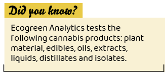 ,Ecogreen Analytics tests the following cannabis products: plant material, edibles, oils, extracts, liquids, distilla...