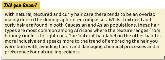,With natural, textured and curly hair care there tends to be an overlap mainly due to the demographic it encompasses...