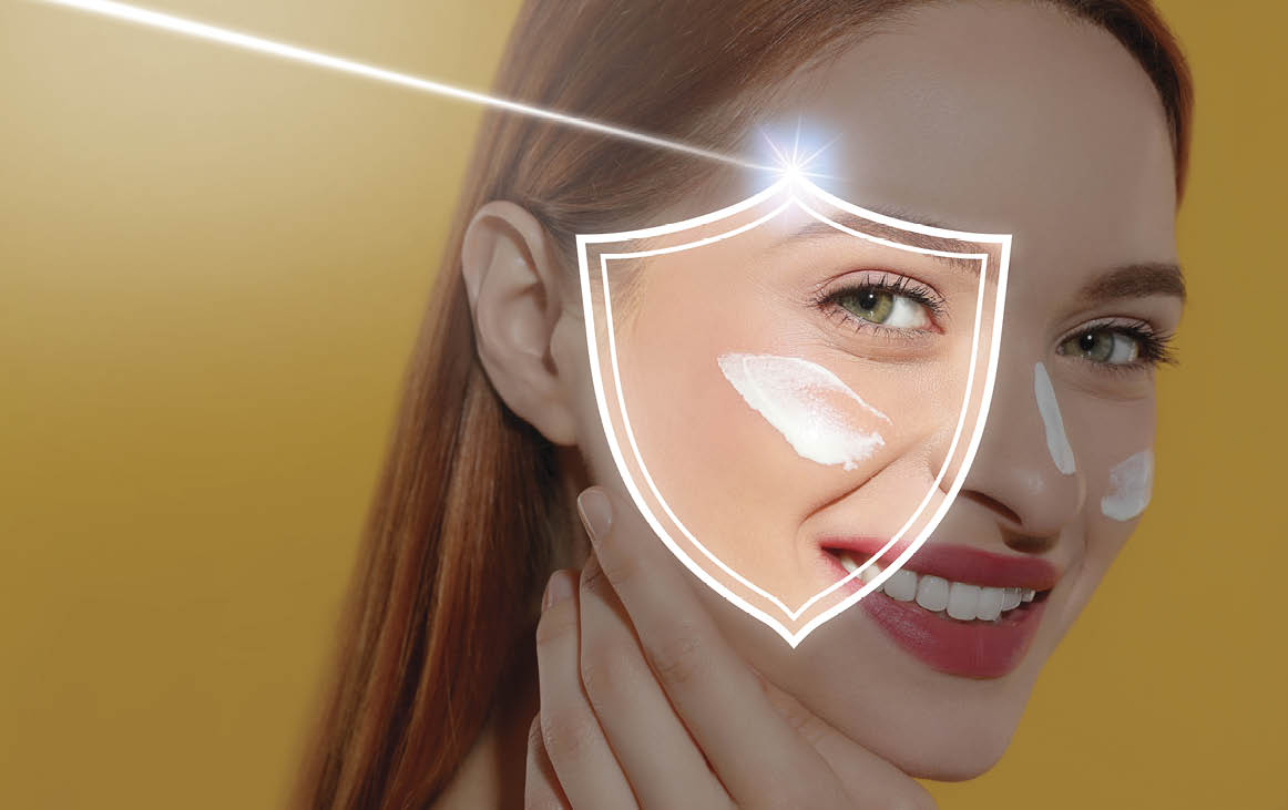 Sun protection care. Beautiful woman with sunscreen on face against golden background. Illustration of shield as SPF