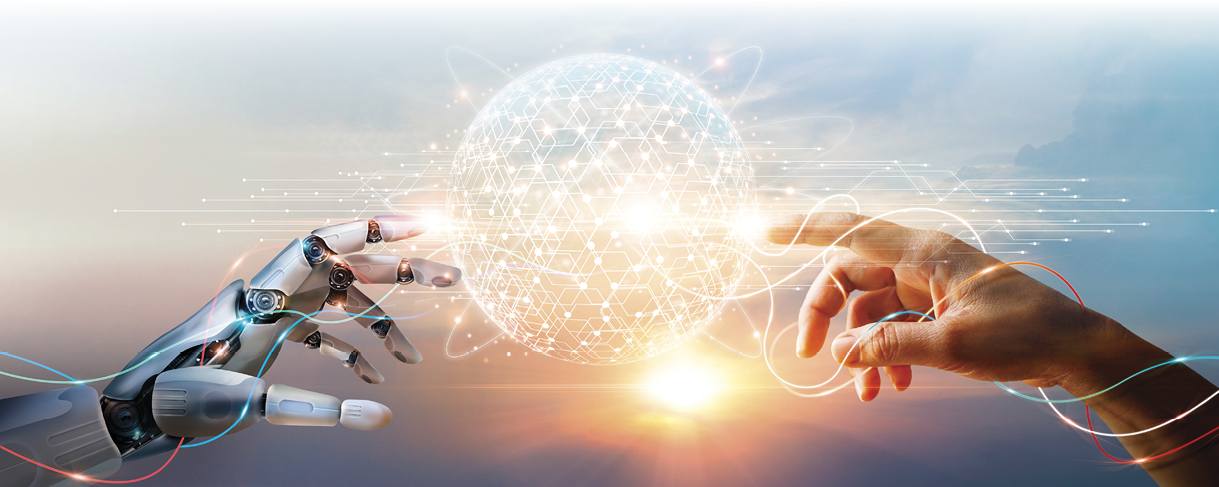 AI, Machine learning, Hands of robot and human touching big data of Global network connection, Internet and digital technology, Science and artificial intelligence digital technologies of futuristic.