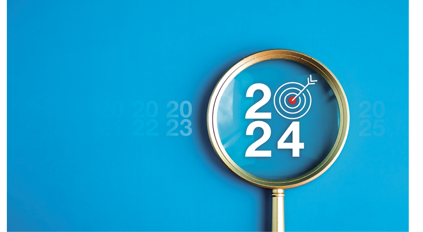 Happy new year 2024 with business concept banner. The big white 2024 year number with Target icon inside the golden magnifying glass on light blue background. Planning for goal and success concepts.