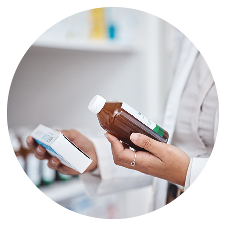 Pharmacy stock, hands and drug information of medicine and pills ingredients checklist. Pharmacist, work and pharmaceutical products in a retail shop or clinic with wellness employee reading label