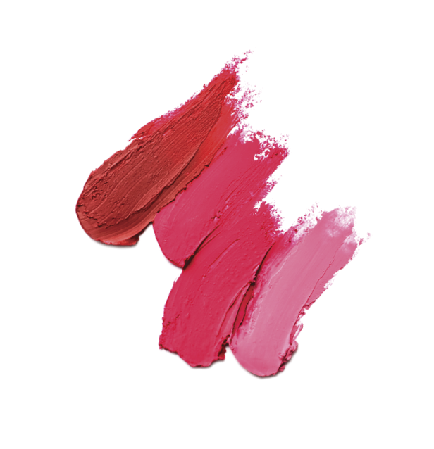 Smears of bright lipsticks on white background, top view
