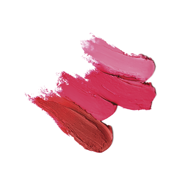 Smears of bright lipsticks on white background, top view