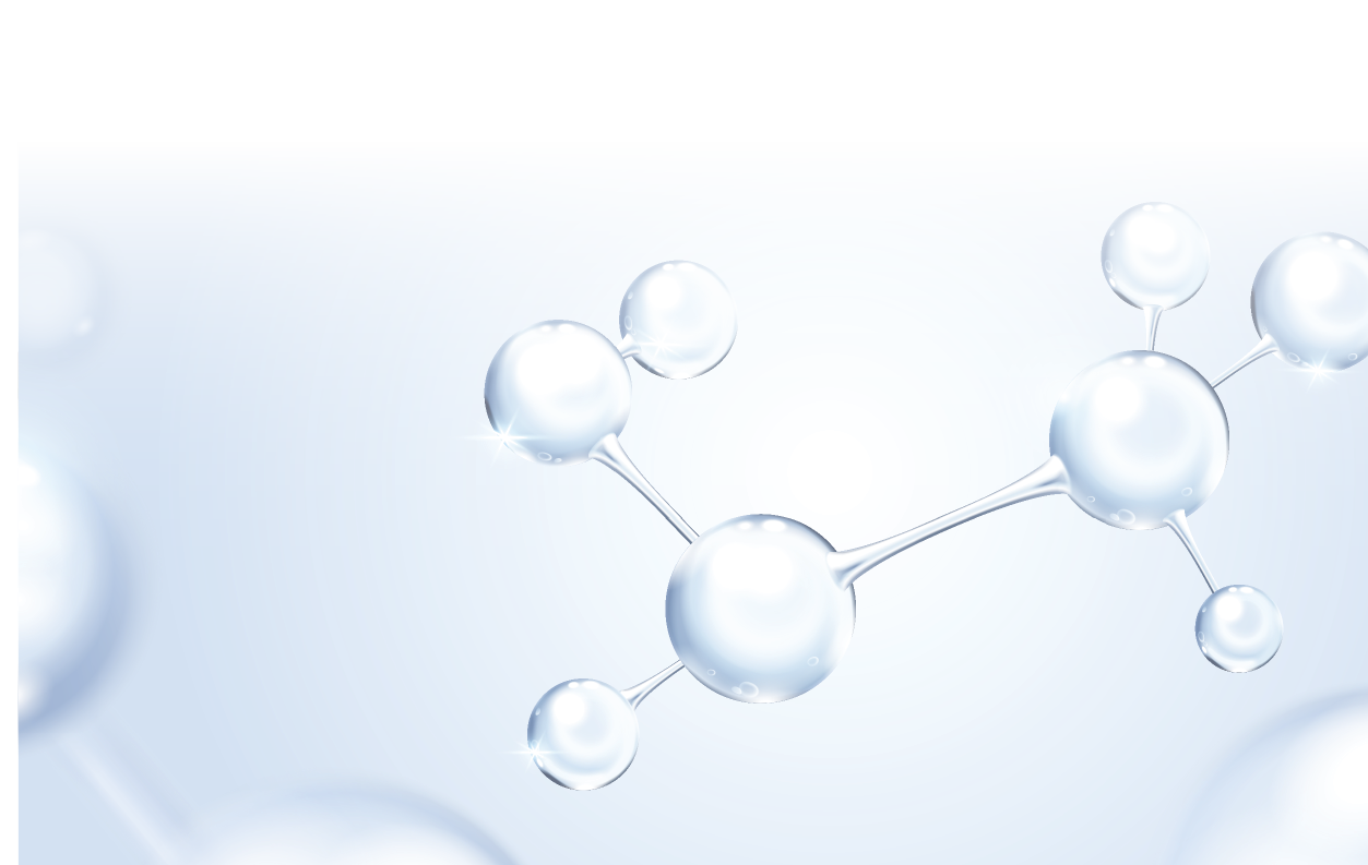 3d glass molecule or atoms on light blue background. Suitable for biochemical, pharmaceutical, beauty and other medical concept.