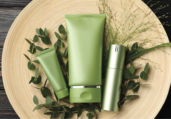Set of cosmetic products and plants on dark wooden table, top view